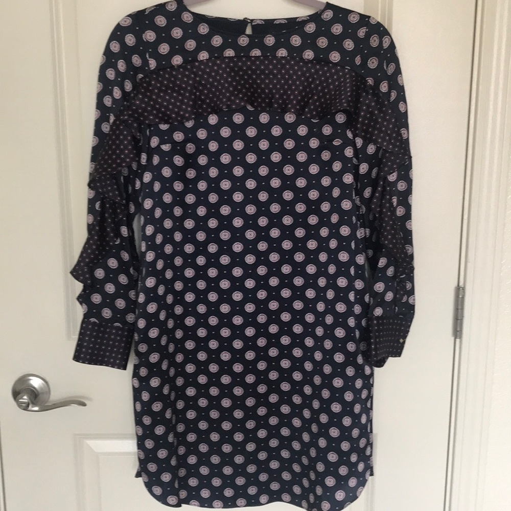 Banana Rep.  Petite Navy Silk Ruffled Shift Dress.